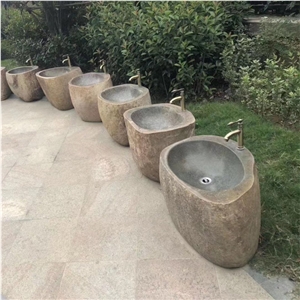 Outdoor Garden Hand Made Pedestal River Stone Wash Sinks