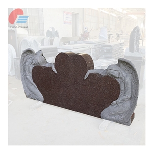 Imperial Red Granite Double Angel Headstone With Three Heart