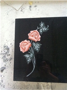 Black Flat Bevel Headstone With Roses Laser Etching