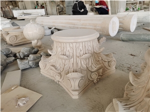 Hand Carved Beige Marble Sculptured Column Base