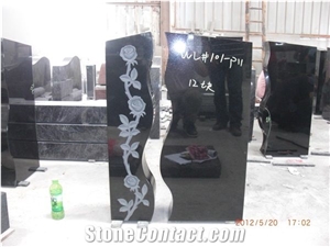 Black Granite Headstones With Flowers Engraving