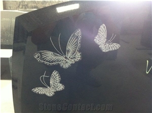 Cemetery Usage Black Headstone With Butterflies Engraved