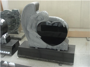 Black Granite Single Angel Heart Engraved Headstone