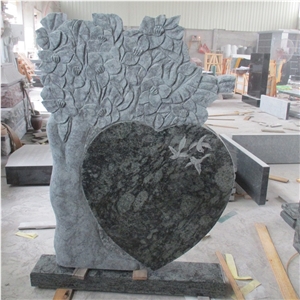 Olive Green Granite Tree Heart Headstone With Dove Carving