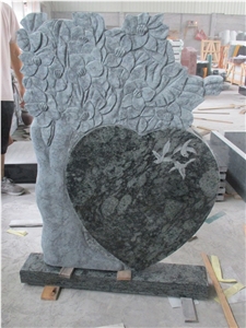 Olive Green Granite Tree Heart Headstone With Dove Carving