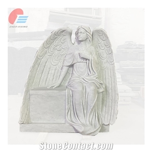 Italian White Carrara Marble Angel Monument On Bench