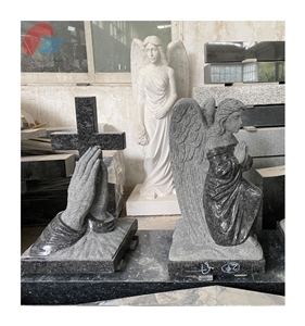 Steel Gray Granite Monument With Cross And Hands Carving
