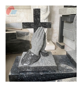 Steel Gray Granite Monument With Cross And Hands Carving