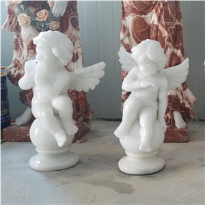 White Marble Sculpture Cherub Winged Angel Stone Statue