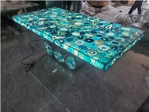 Backlit Blue Agate Dining Table Semiprecious Stone Furniture