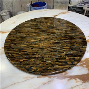 Brown Semiprecious Stone Coffee Table With Brass Stand