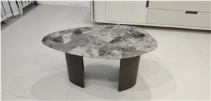 Brown Semiprecious Stone Coffee Table With Brass Stand