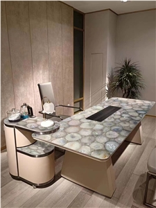 Nebbia Grey Agate Tea Table Semiprecious Stone Furniture