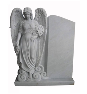Hand Carved Natural White Marble Tombstone With Angel Statue