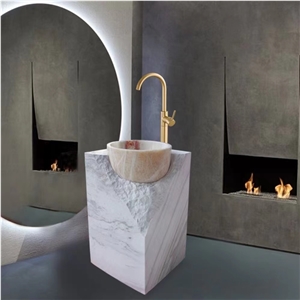 Hotel Luxury Stone Basin Pedestal Free Standing Marble Sink
