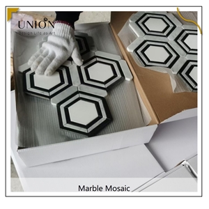 UNION DECO Marble White Mixed Black Marble Mosaic Wall Tile