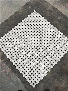 Marble Carrara Bricks+Black Dots Mosaic Bathroom Floor Tile