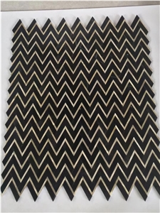 Nero Marquina Marble Chevron Mosaic With Brass Chevron Subway Tiles, Wall And Floor Tile