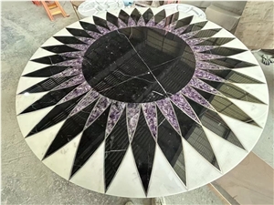 Round Amethyst With Black Marble Waterjet Mosaic Table Tops