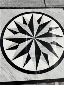 Carrara White Marble Round - Framed Water-Jet Pattern Medallion