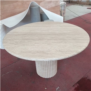 Cava Fluted Round Beige Travertine Dining Table