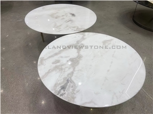 Dover White Marble Coffee Table Top With Metal Base