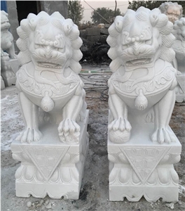 White Marble Chinese Foo Dog Sculpture