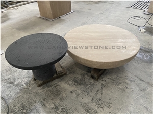 Geometry Design Drum Carved Round Travertine Coffee Table