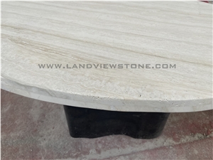 Ivory White Travertine Dining Table With Tri Cylinder Base