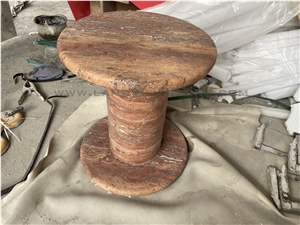 Red Travertine Coffee Side Table Column Stand