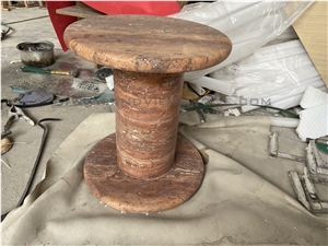 Red Travertine Coffee Side Table Column Stand