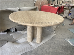 Round Travertine Dining Table With Tri Cylinder Base
