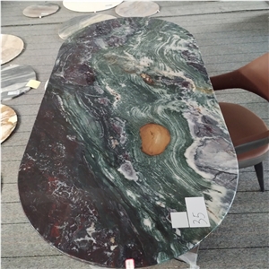 Forest Green Quartzite Table Tops With Wooden Table Legs