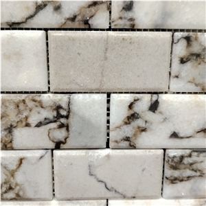 Rectangle White Marble Mosaic Tiles With Brown Vein For Wall