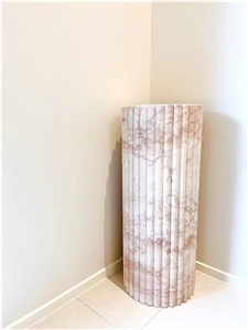 Rose Cream Marble Fluted Round Plinth Drum Side Table