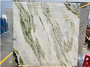 China Changbai White Jade Marble Green Veins Polished Slab