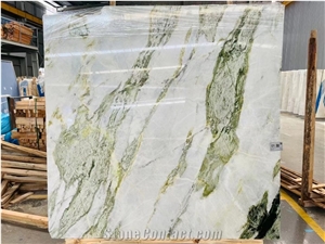 China Changbai White Jade Marble Green Veins Polished Slab