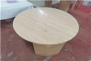 Roman Travertine Round Coffe Table, Side Tabole With Stands