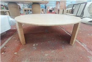 Roman Travertine Round Coffe Table, Side Tabole With Stands