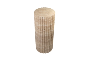 Classic Fluted Beige Travertine Round Plinth Drum Side Table