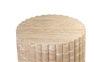 Classic Fluted Beige Travertine Round Plinth Drum Side Table