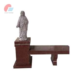 Ruby Red Granite Bench Columbarium With Jesus Statue