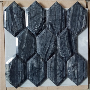 Antique Wood Black Marble Bevel Hexagon Mosaic Tile