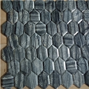 Antique Wood Black Marble Bevel Hexagon Mosaic Tile