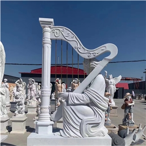 Classical White Marble Angel Playing A Harp Garden Sculpture