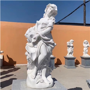Classical White Marble Angel Playing A Harp Garden Sculpture