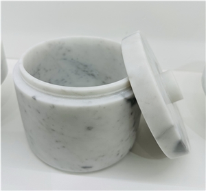 Carrara White Marble Round Jar With Cover