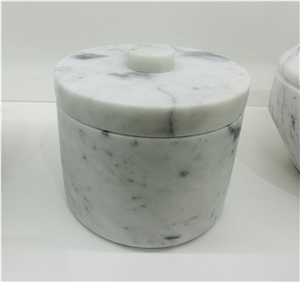 Carrara White Marble Round Jar With Cover