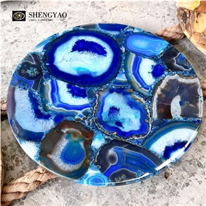 Blue Natural Semiprecious Agate Stone Round Table Tops