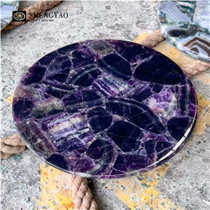 Natural Purple Fluorite Crystal Quartz Stone Cafe Table Tops